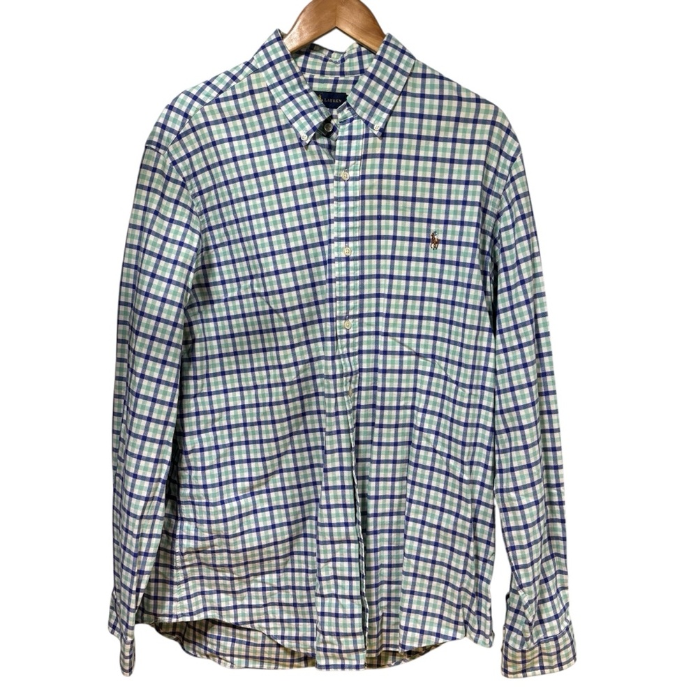 Polo Ralph Lauren Mens Gingham Button Down Shirt Green Blue Plaid Cotton L #377